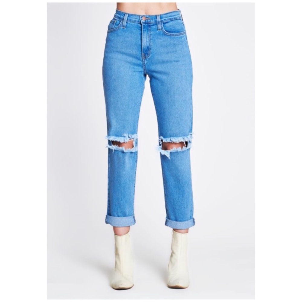 High Rise Busted Ripped Knee Mom Boyfriend Jeans - Picture 2 of 7